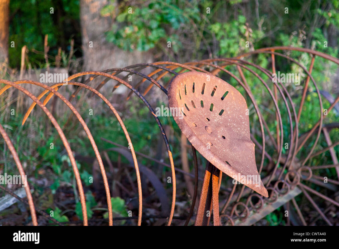 A rusty antique hay rake in the evening sun Stock Photo - Alamy