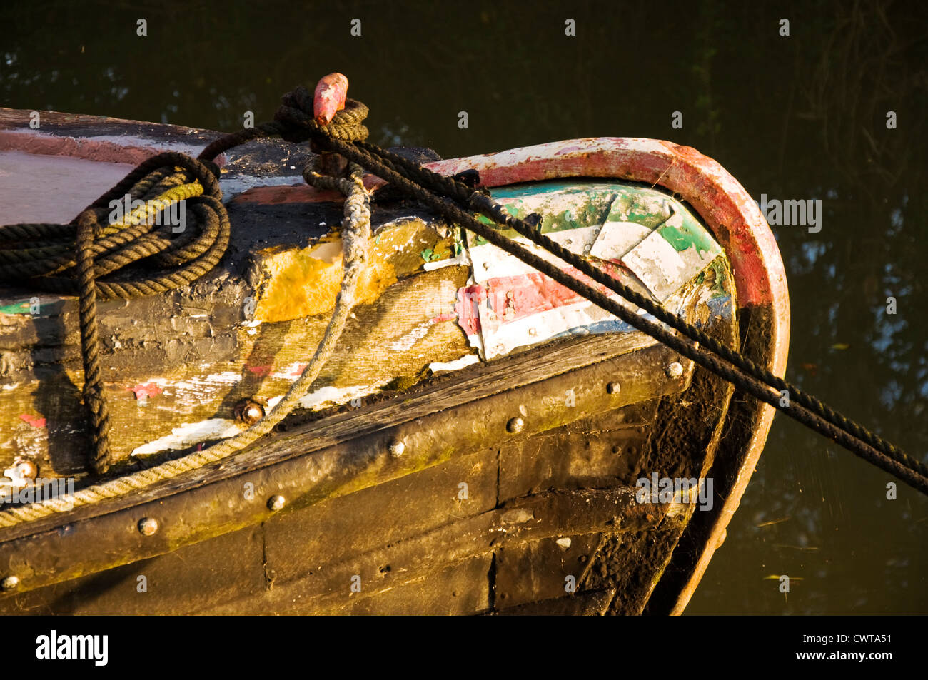 Detail of bow of canal boat mooring Stock Photo