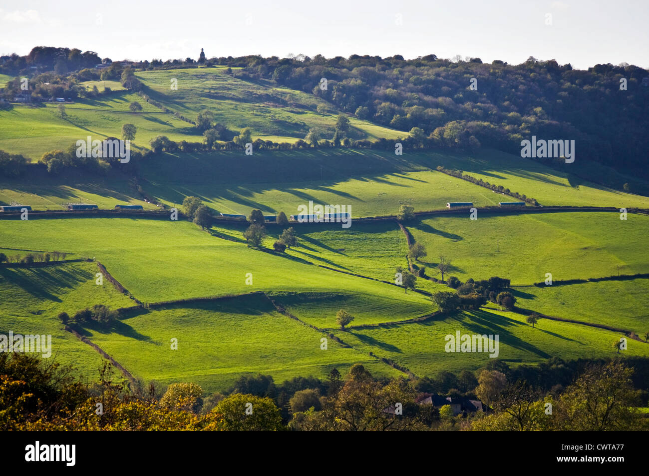 Woolley Valley showing controversial chicken sheds across centre of image Stock Photo