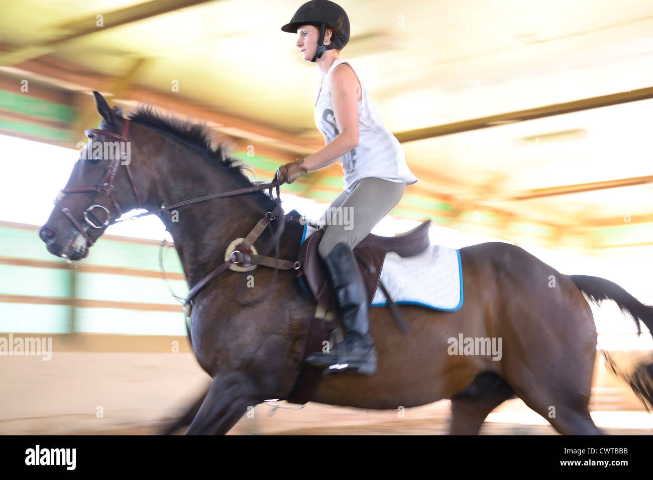 Female rider landing a jump during riding lessons in indoor arena Stock Photo