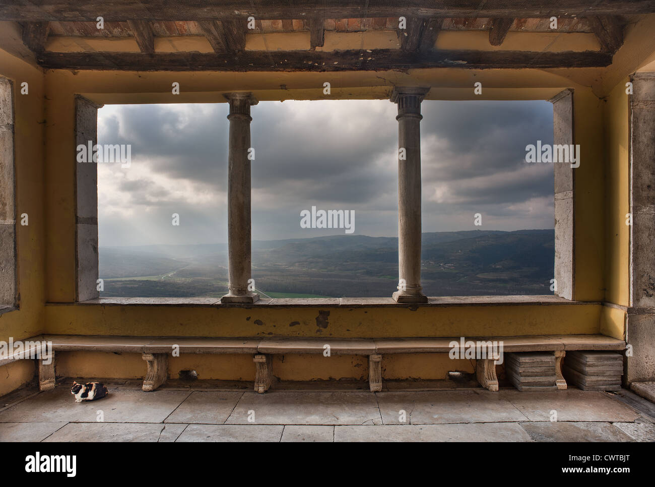 The view through a classical style window in the Istrian town of Motovun, Croatia. Stock Photo