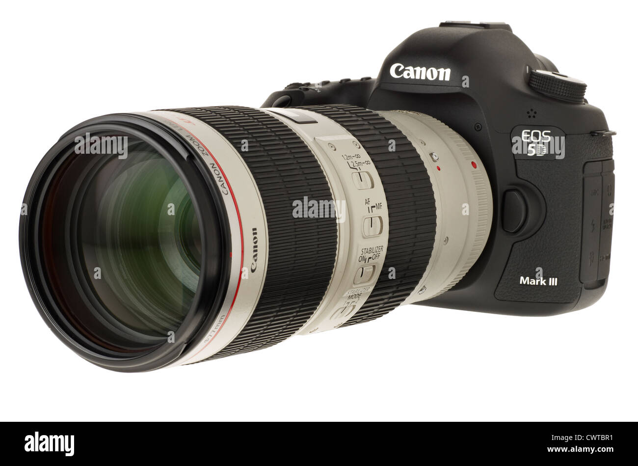 Canon DSLR camera 5D Mark 3 with a 70mm to 200mm zoom lens Stock Photo