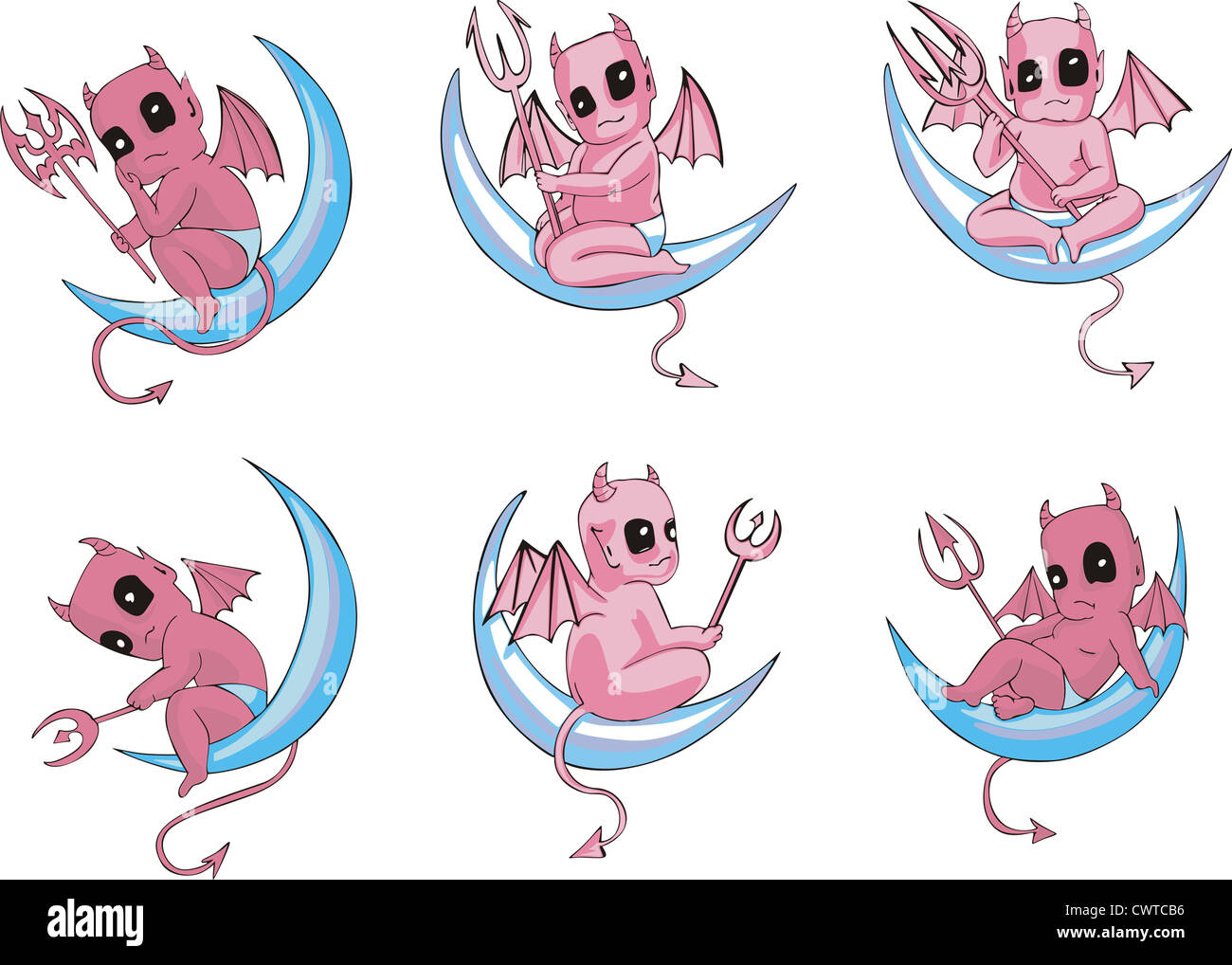 Little devils on moon. Set of color vector illustrations in cartoon style. Stock Photo