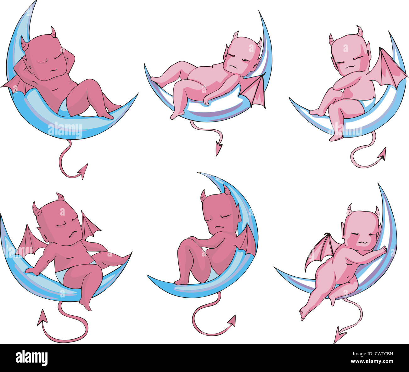 Little sleeping devils on moon. Set of color vector illustrations in cartoon style. Stock Photo