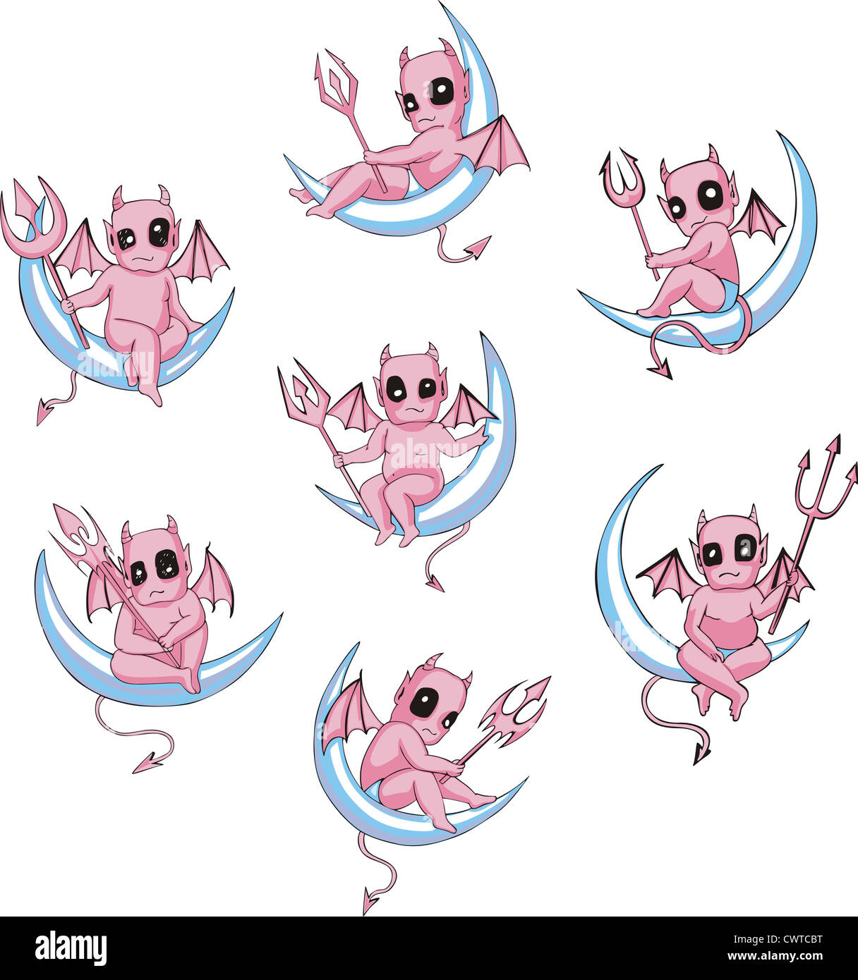 Little devils on moon. Set of color vector illustrations in cartoon style. Stock Photo