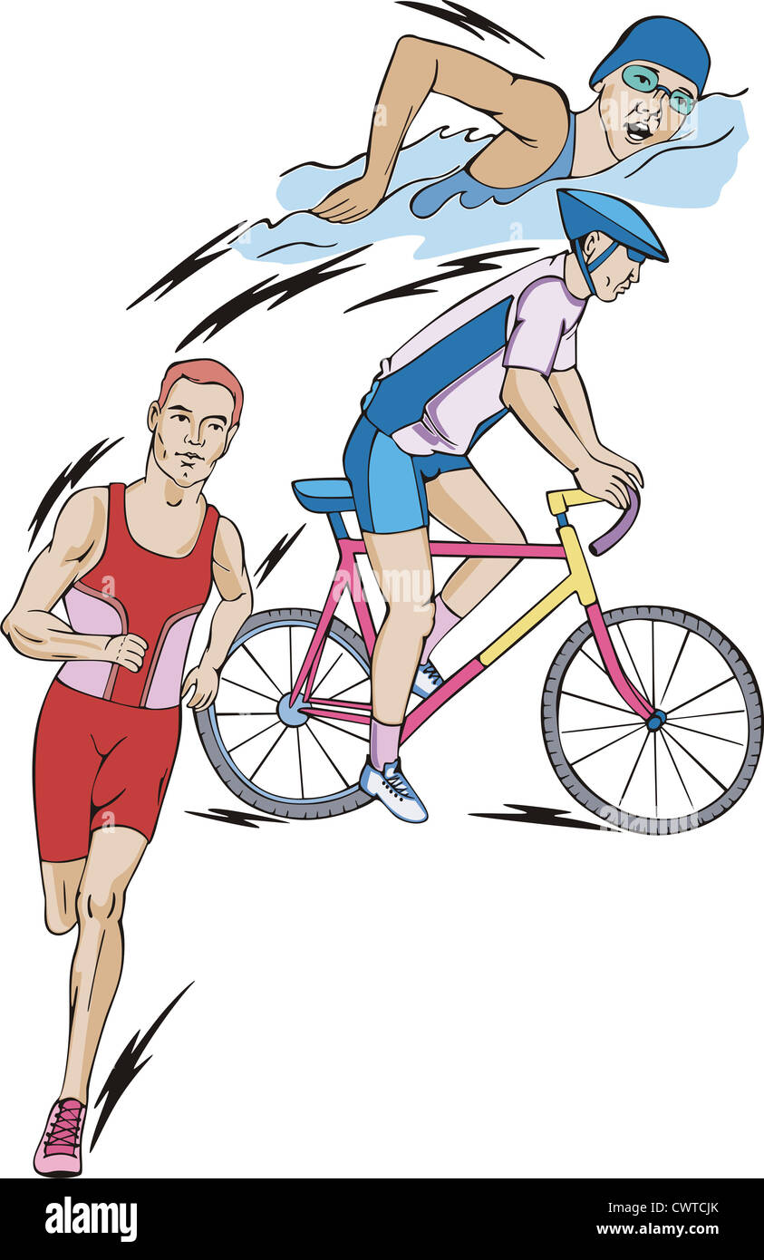 Triathlon: swimming, cycling, and running. Set of color vector ...