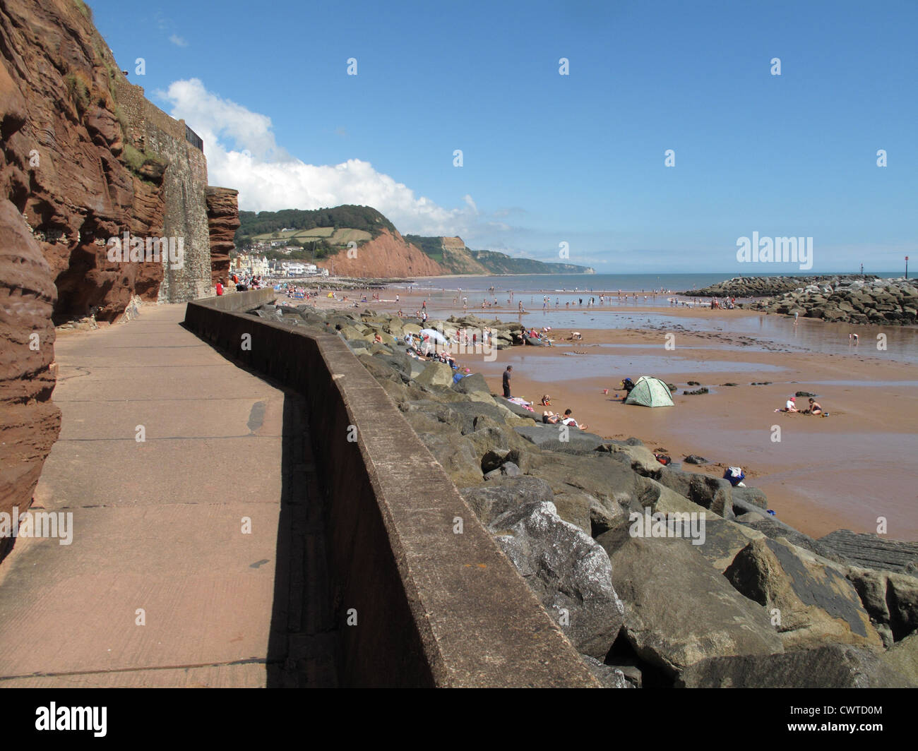 Looking along sea defences at Sidmouth west beach east towards the town Stock Photo