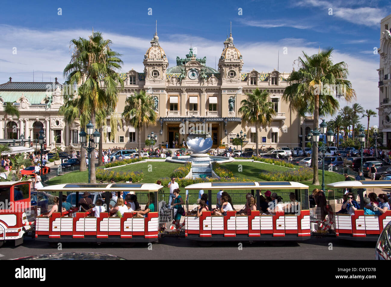 Touristic small train in front of the casino of Monte-Carlo - Monaco Stock Photo