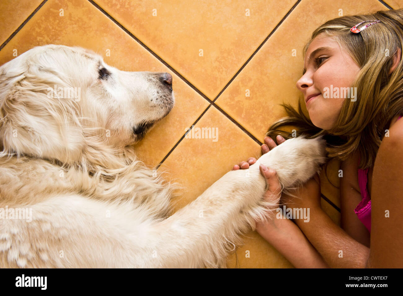 girl lying on the floor with her golden retriever dog Stock Photo - Alamy