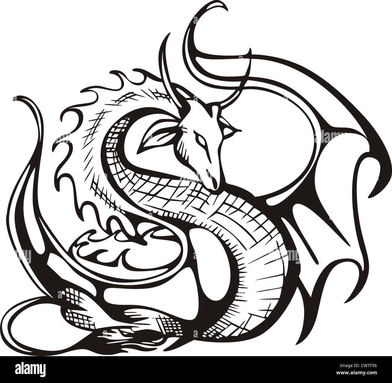 Raising dragon. Black and white vector illustration Stock Photo