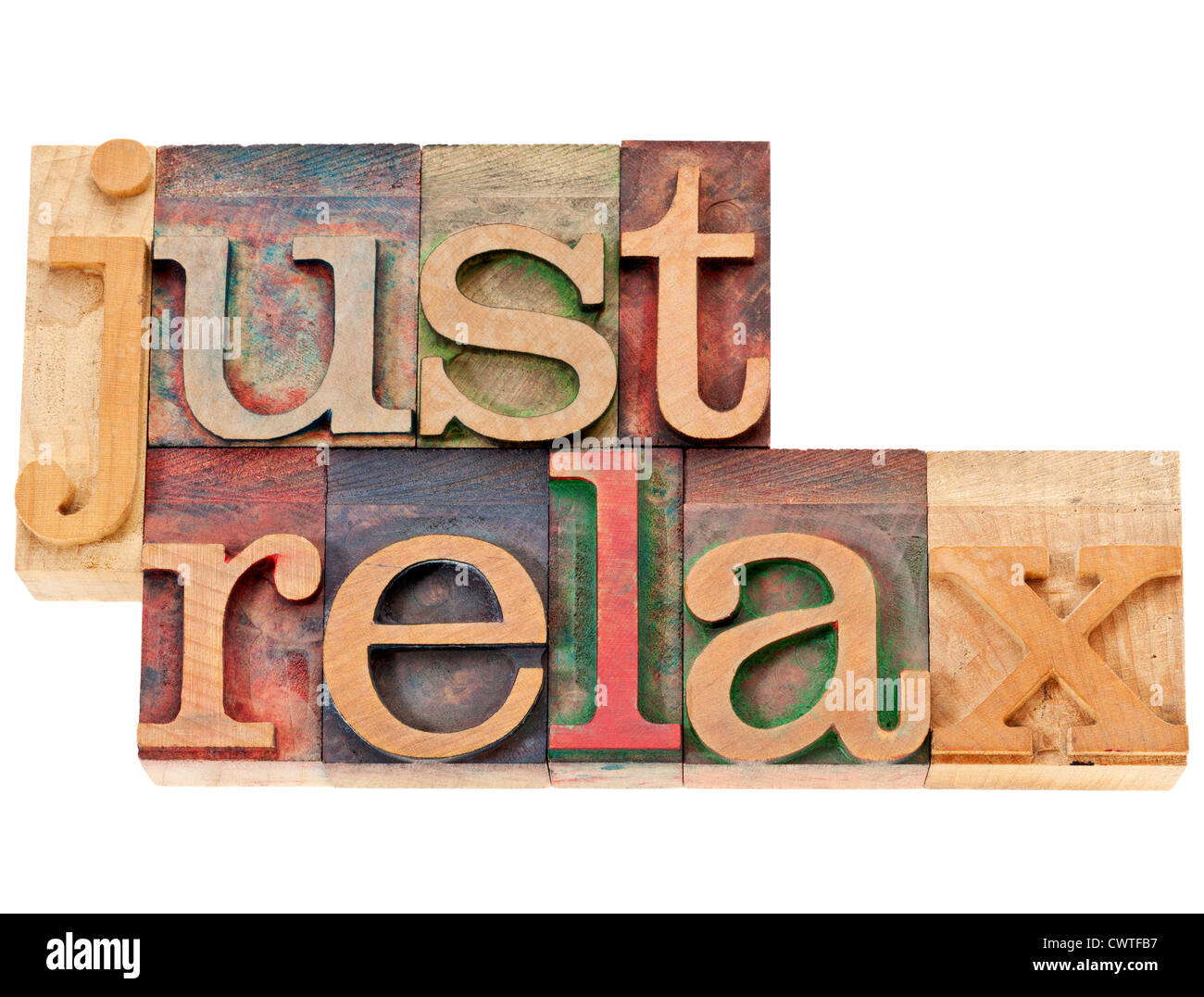 just relax - isolated words in vintage letterpress wood type stained by color inks Stock Photo