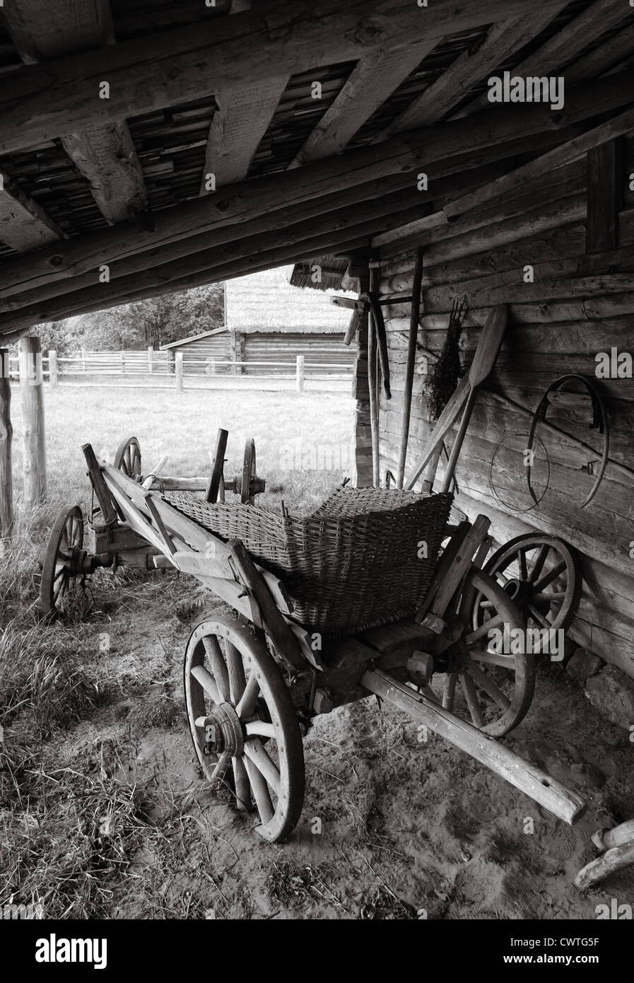 old-time village vehicle cart on the farm. Stock Photo