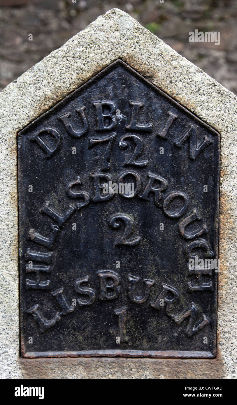 Rare antique Ulster milestone, Hillsborough, Northern Ireland Stock Photo
