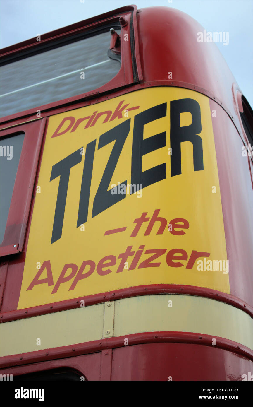 Tizer advert on a heritage bus. Trans Lancs Rally 2011 Stock Photo - Alamy