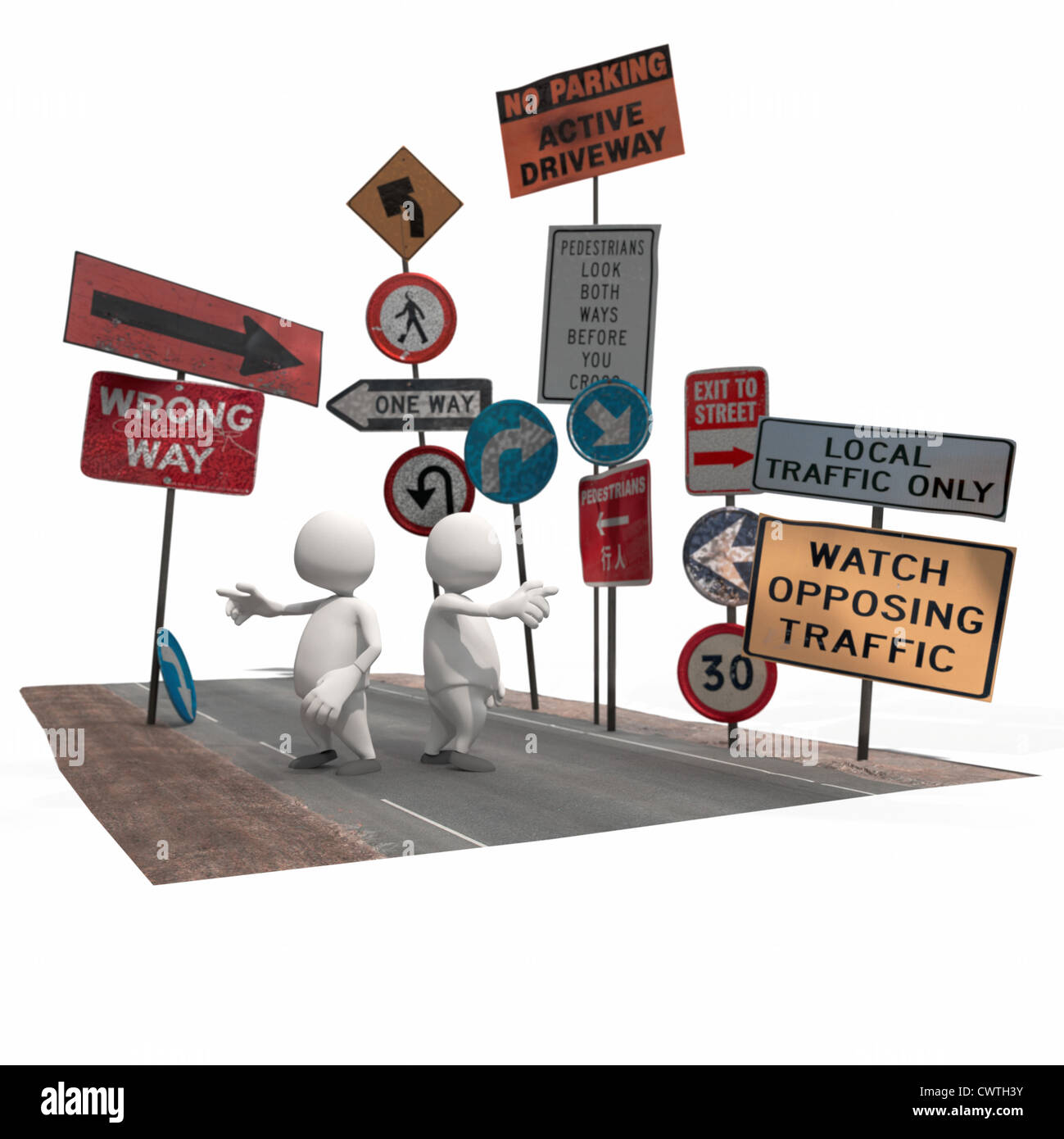 Two anthropomorphic figures surrounded by road signs , CGI Stock Photo