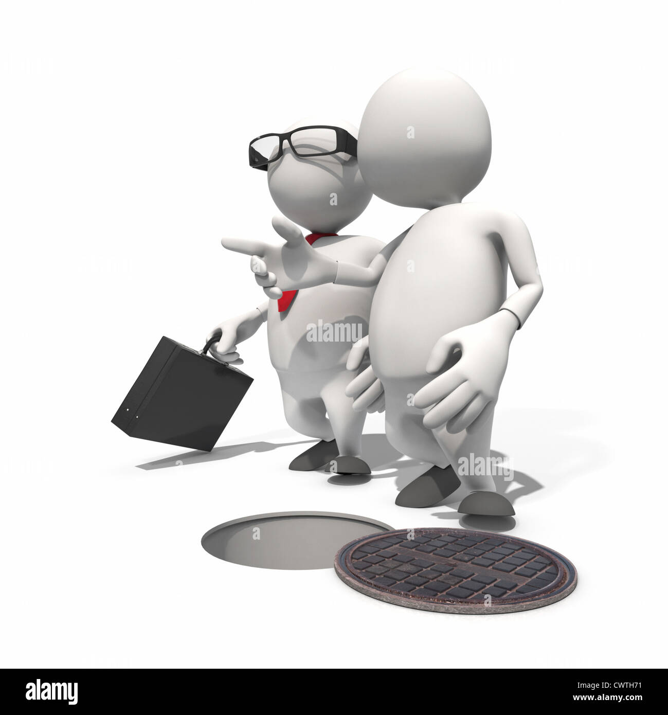 Two anthropomorphic businessmen walking at open sink trap, CGI Stock