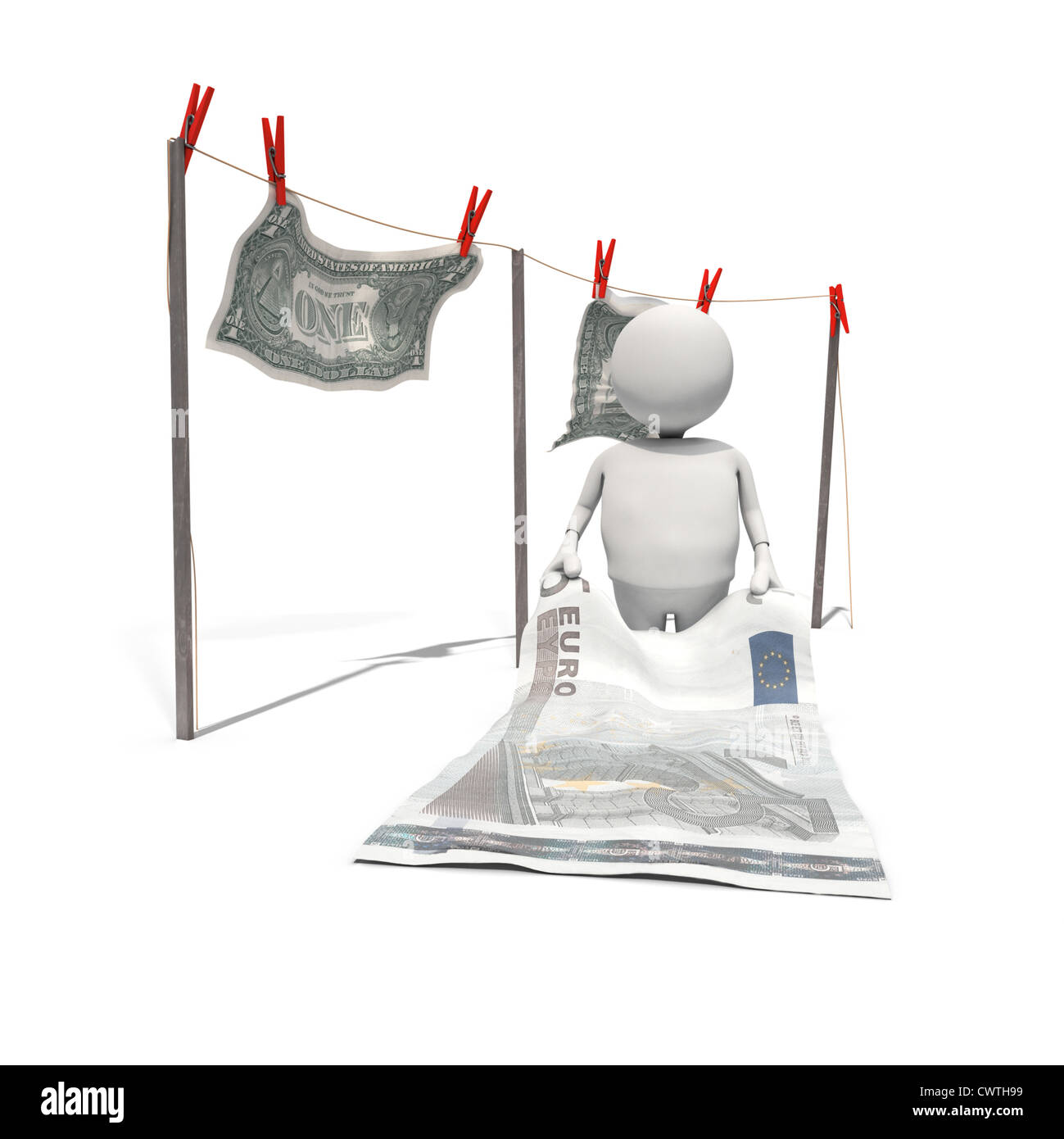 Anthropomorphic figure hanging banknotes on clothesline, CGI Stock Photo