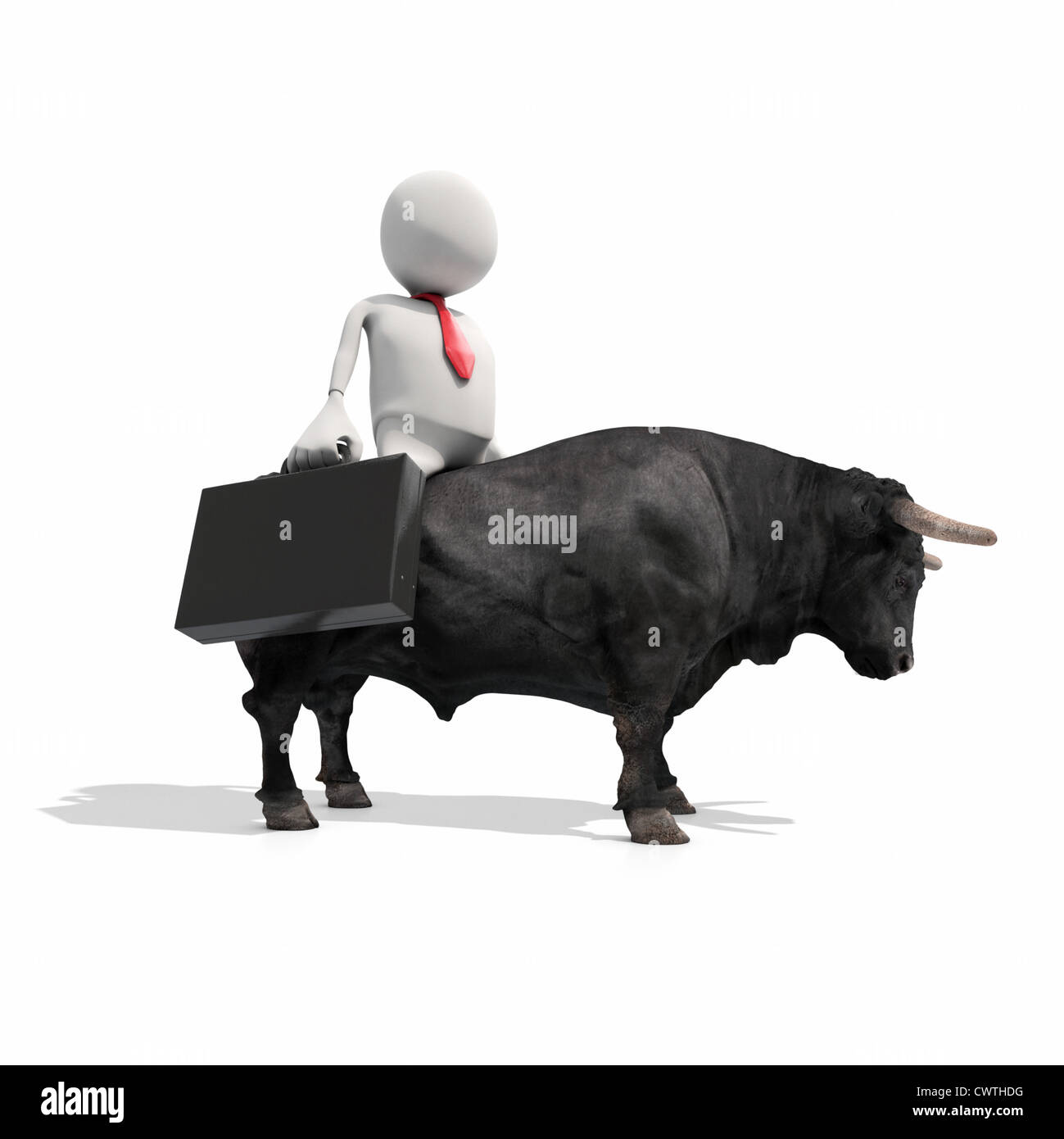 Anthropomorphic businessman riding on bull, CGI Stock Photo