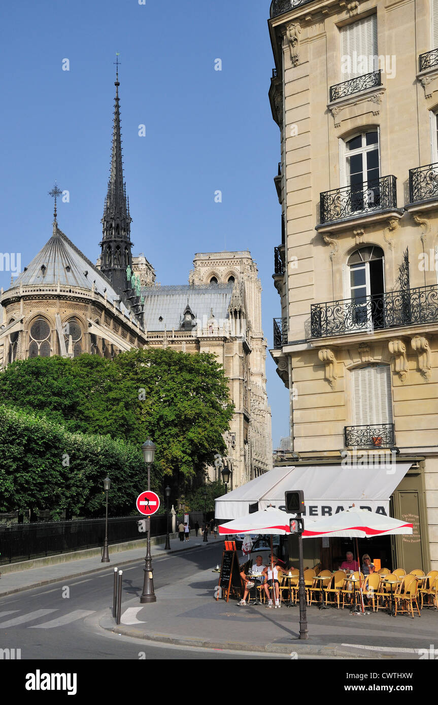 Paris, France. Notre Dame cathedral and cafe on Isle de la Cite Stock Photo