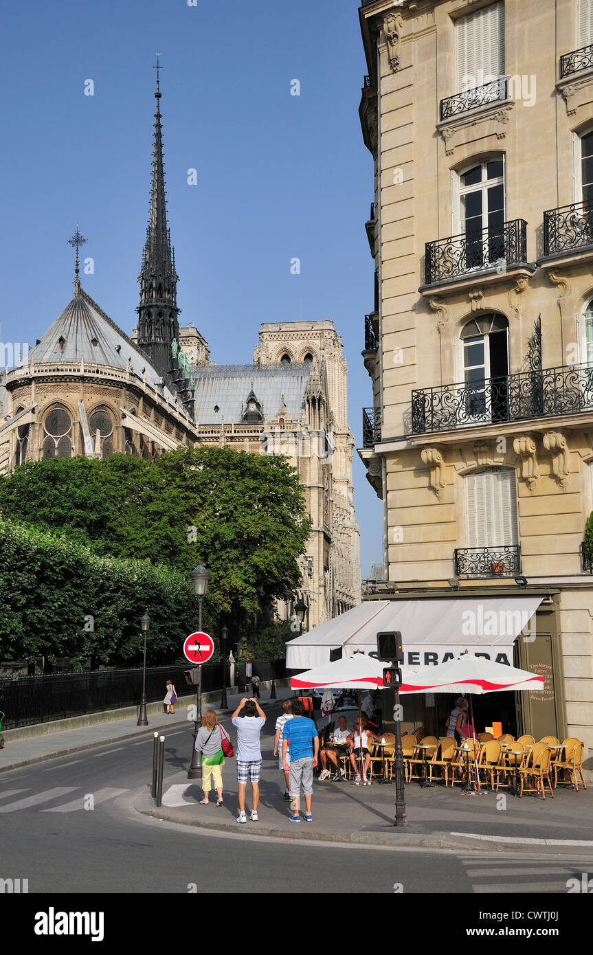 Paris, France. Notre Dame cathedral and café on Isle de la Cite Stock Photo