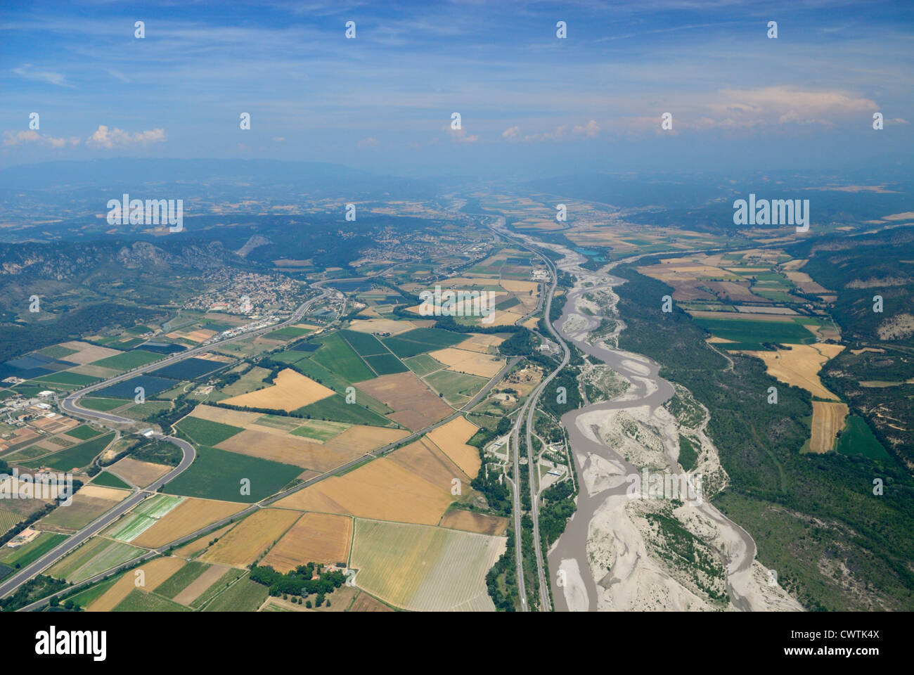 Aerial view of Durance valley and river, East of Manosque, Alpes de Haute Provence, France Stock Photo