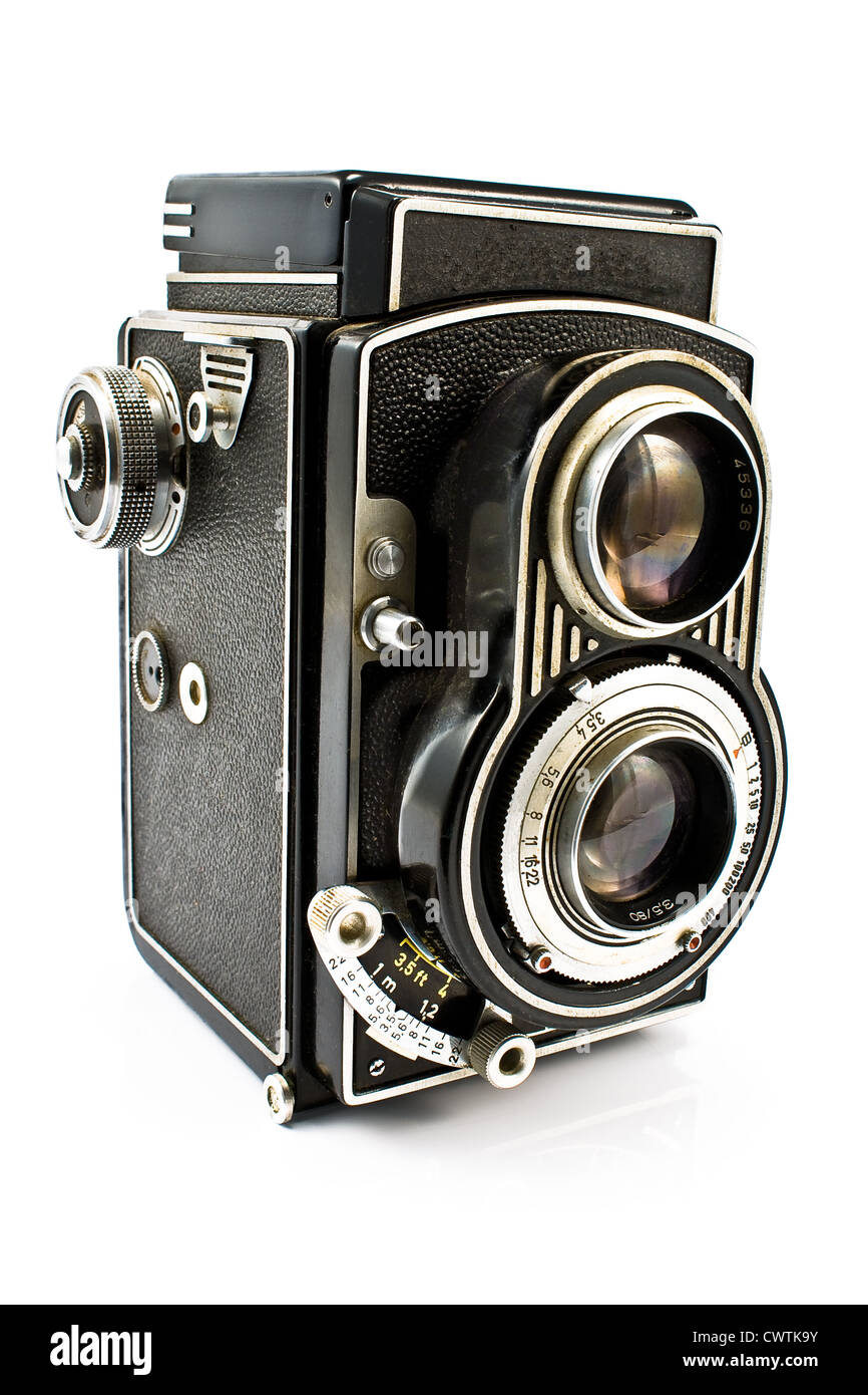 Vintage two lens photo camera isolated on white Stock Photo Alamy