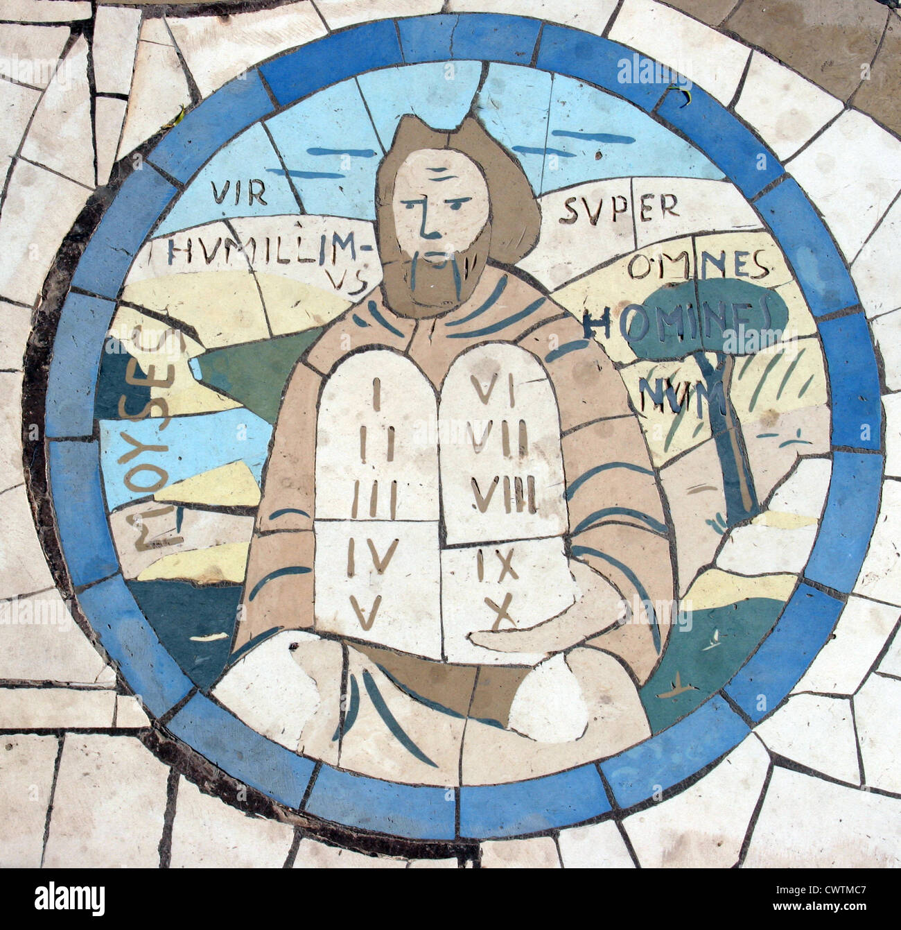 Moses holding the Ten Commandments, Mosaic in front of the church on the Mount of Beatitudes Stock Photo