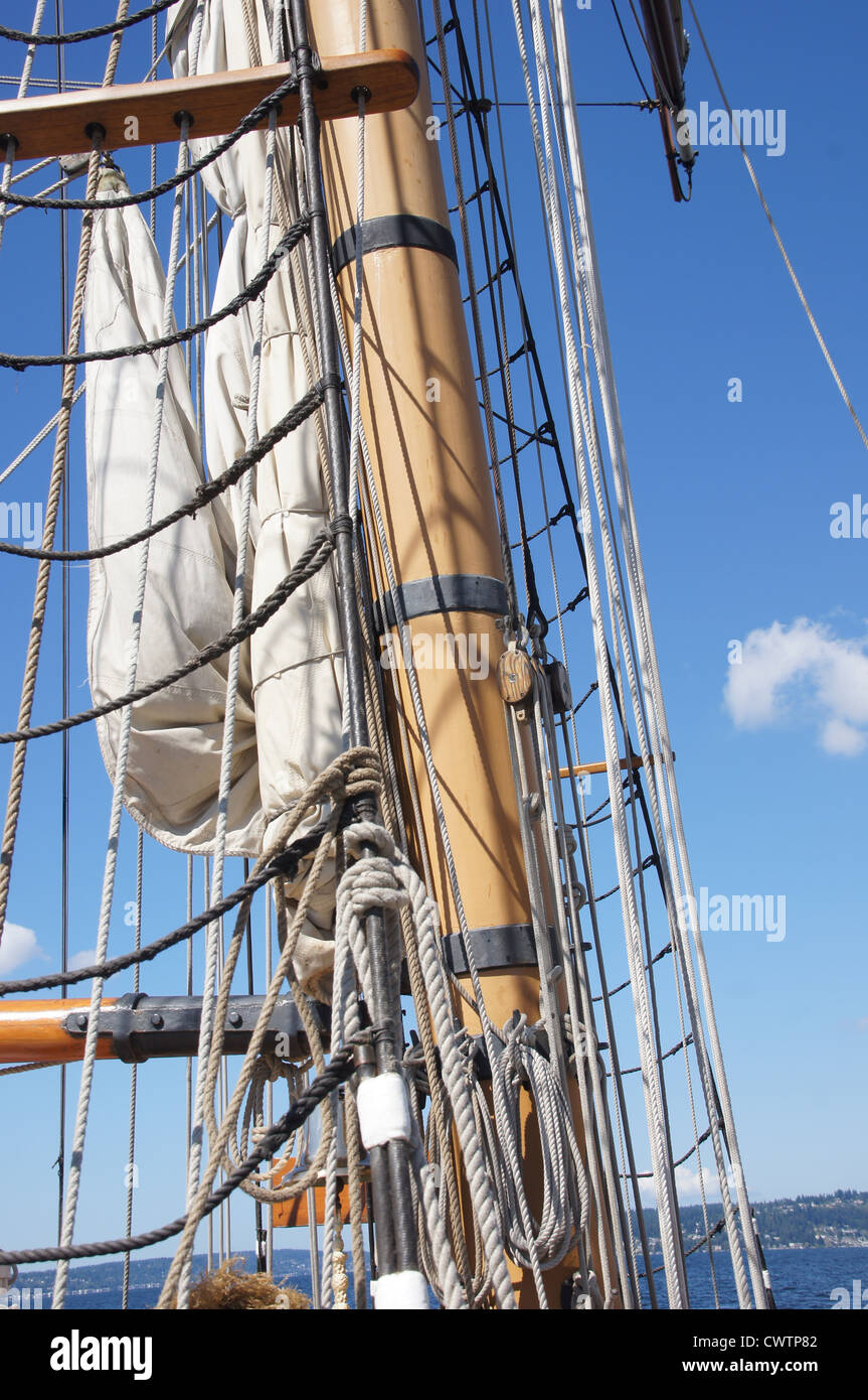 Mast, yardarms, rigging and sails of tall ship near Kirkland