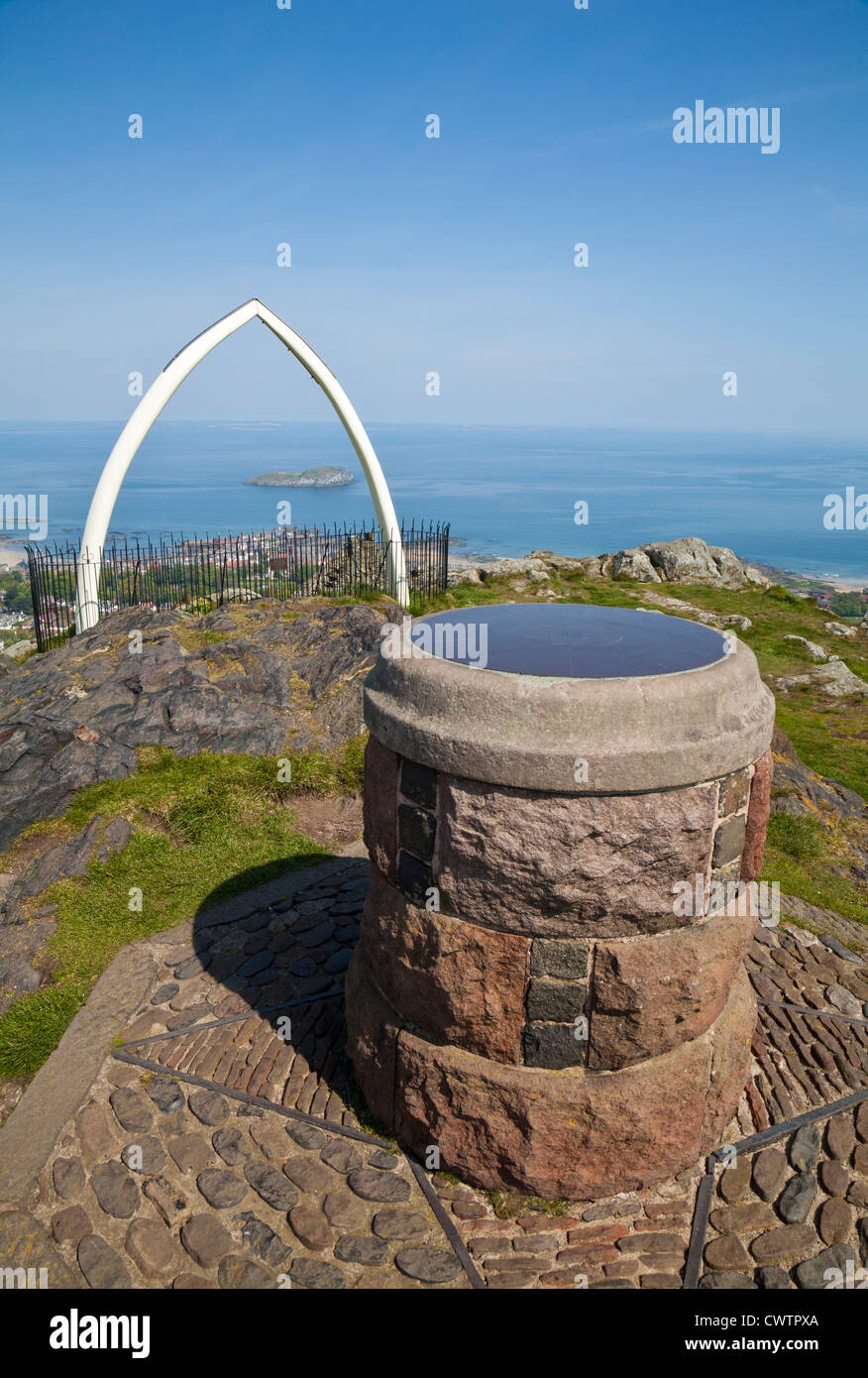 North Berwick Law stone direction plaque and Whale's jaw bone arch