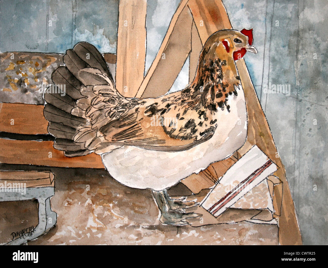 chicken hen watercolor painting folk art Stock Photo