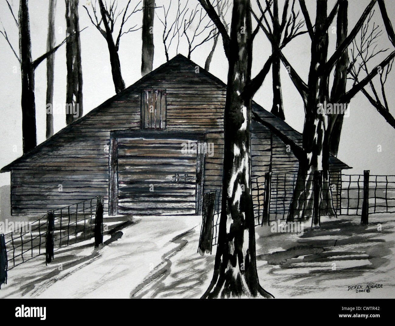 Country barn black and white art pen and ink drawing watercolor painting Stock Photo