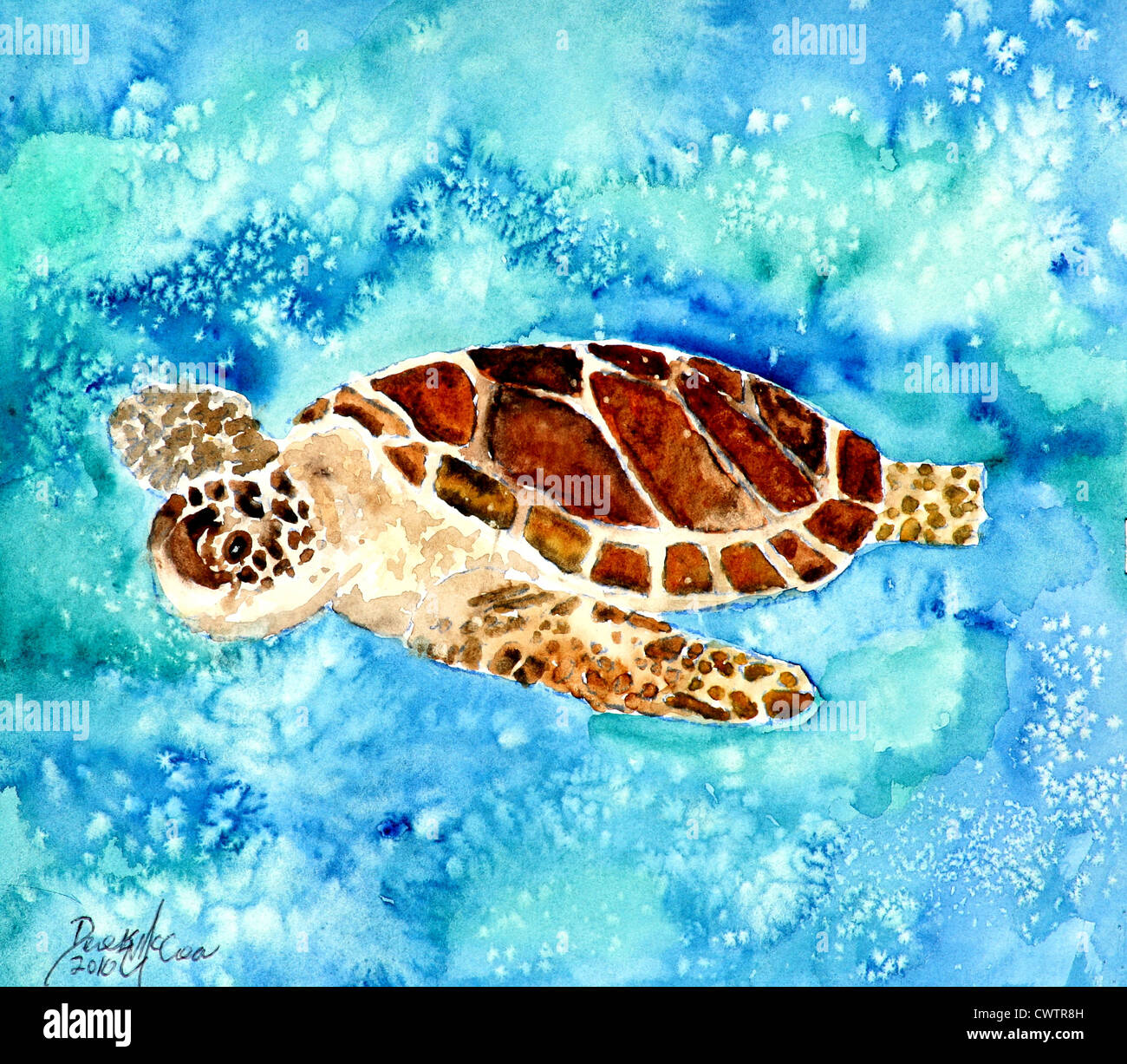 baby sea turtle watercolor painting of sea turtles Stock Photo