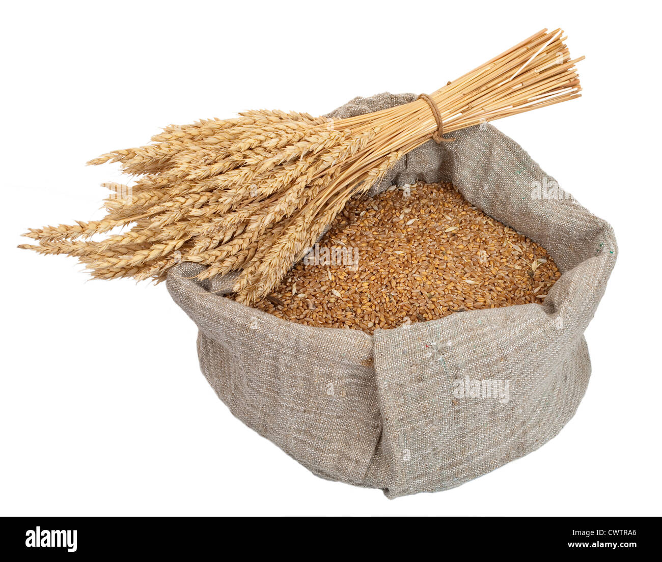 Bag with wheat grain and ears of wheat Stock Photo - Alamy