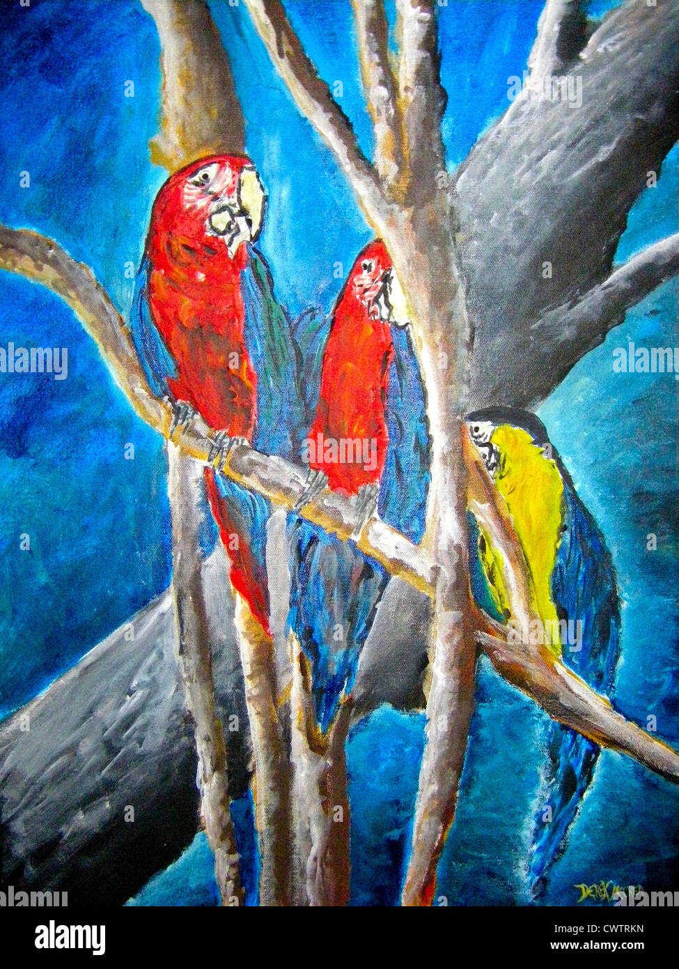 macaw oarrots red yellow and blue parrot acrylic painting modern art on canvas Stock Photo