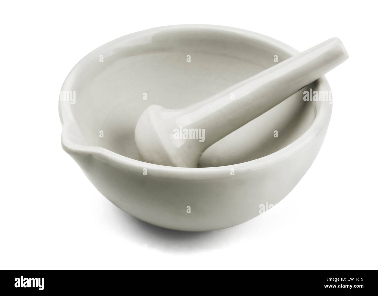 White porcelain mortar and pestle isolated on white Stock Photo