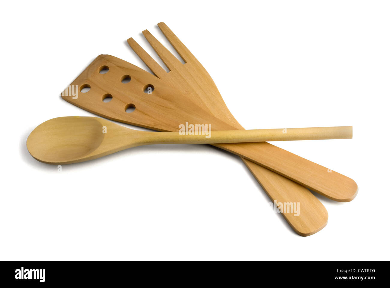Set of wooden cooking utensils isolated on white Stock Photo