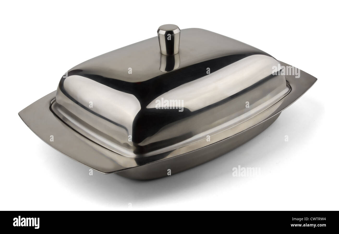 Stainless steel butter dish isolated on white Stock Photo