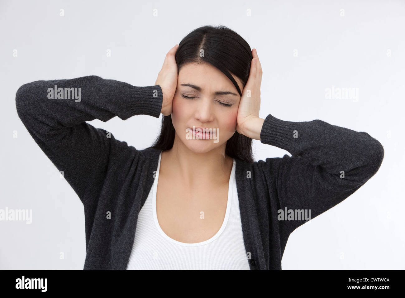 Head in hands woman sad black white hi-res stock photography and images ...