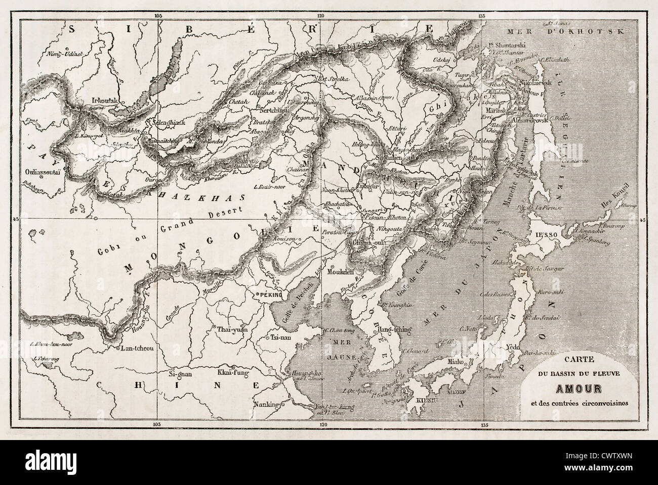 Amur river basin old map Stock Photo