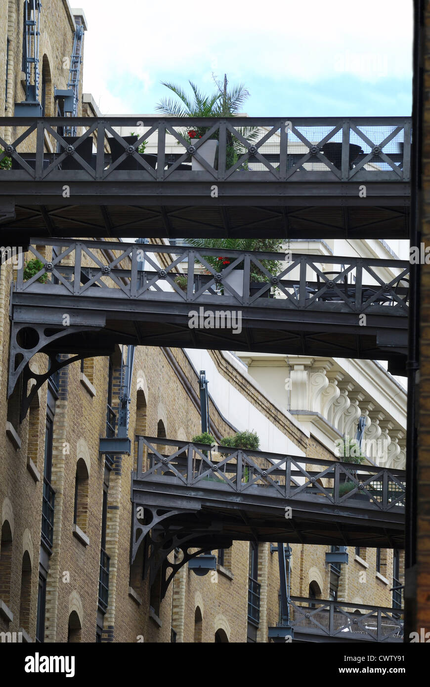Aerial cast iron walkways between renovated warehouses now apartments