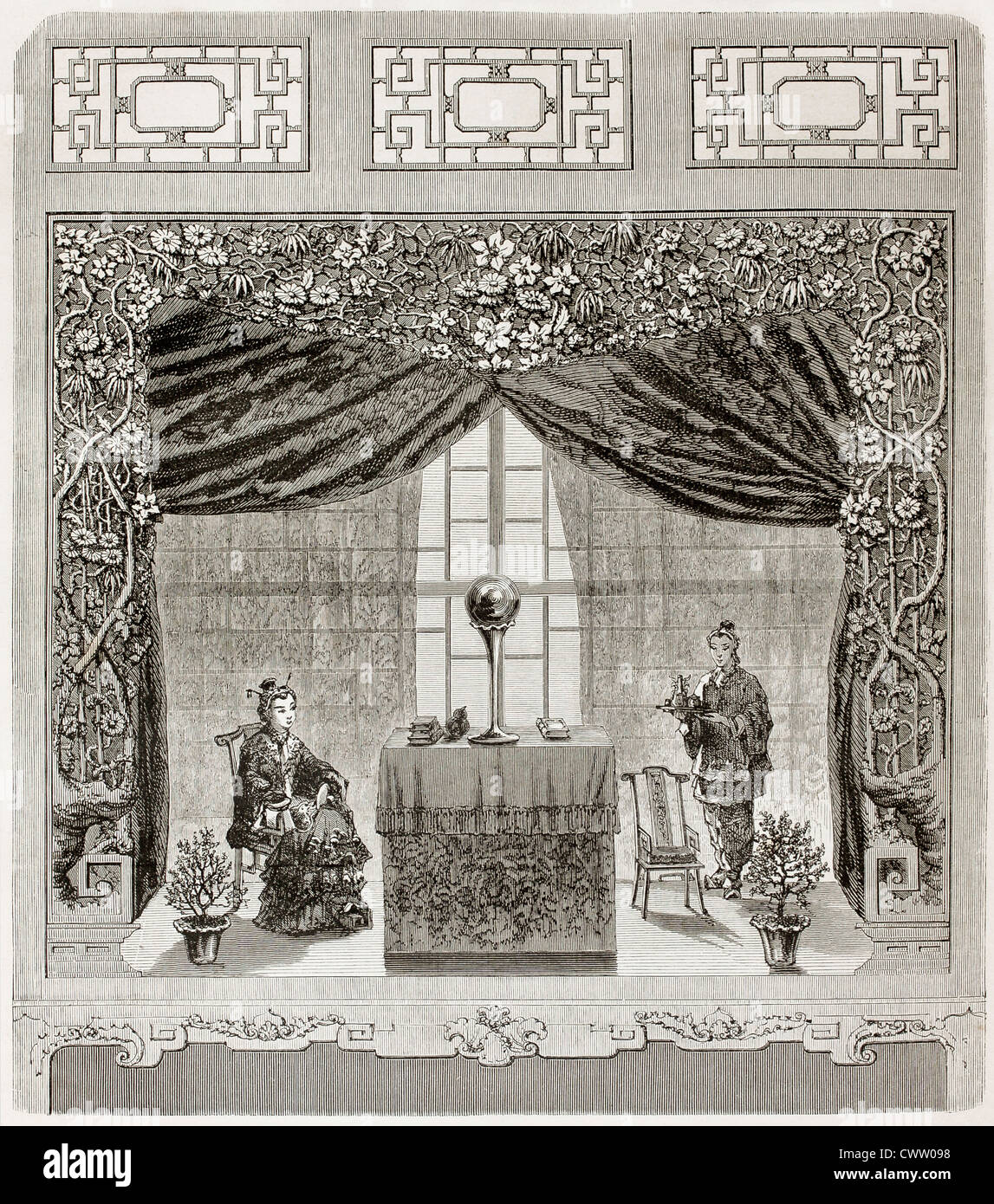 Old illustration of Chinese ladies in a boudoir Stock Photo