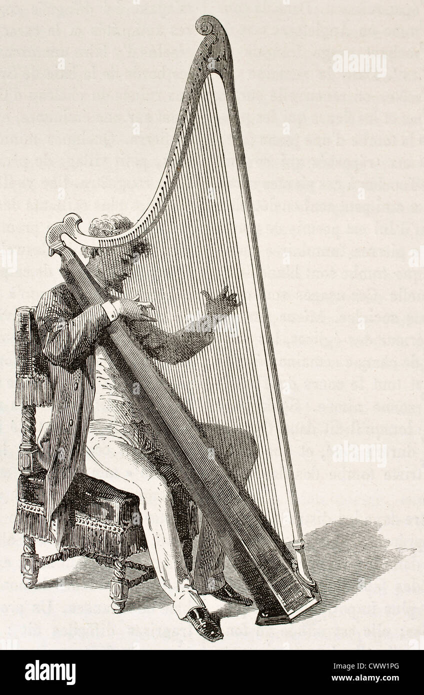 Welsh musician playing harp Stock Photo