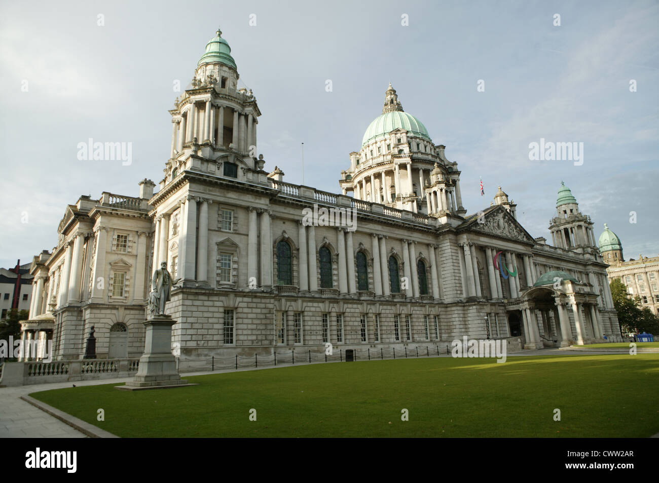Belfast City Hall  with paraolympic Sign above centre main entrance Stock Photo