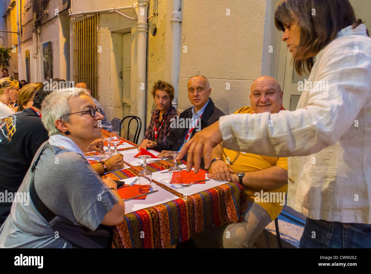 Perpignan, France, People Ordering Meals in Catalogne Bistro, Cafe, Restaurant, Outside Sidewalk Terrace, seniors grown up Stock Photo