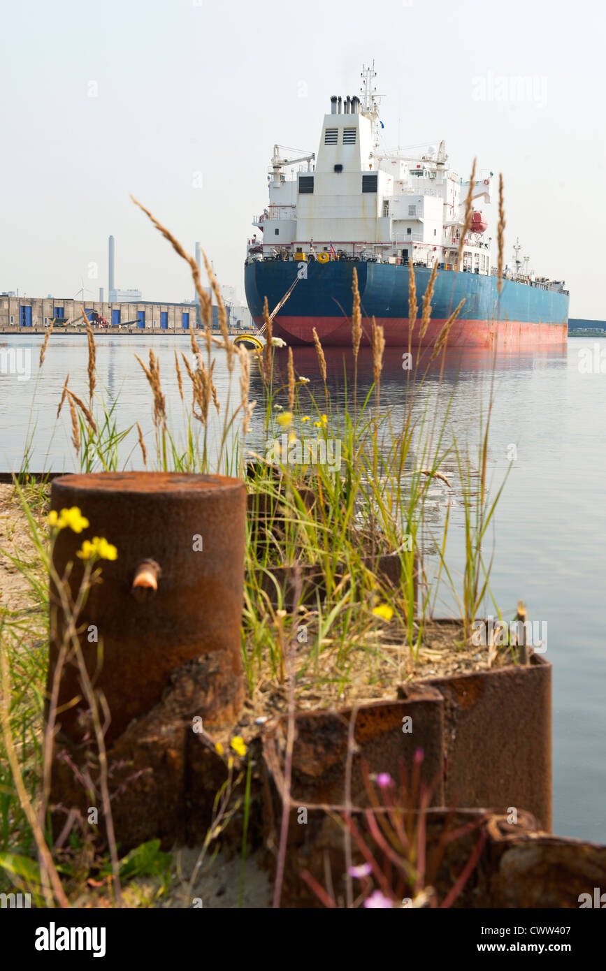 Oil tanker moored at a mooring buoy, seen from the water's edge with a steel dam wall, mooring post and weeds. Stock Photo