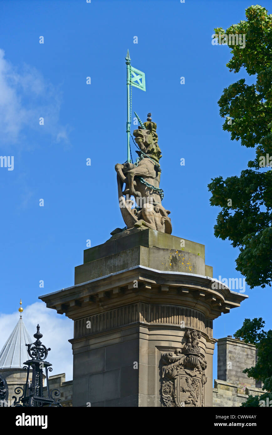 Detail of gatepost with unicorn. Holyrood Palace, Royal Mile, Edinburgh