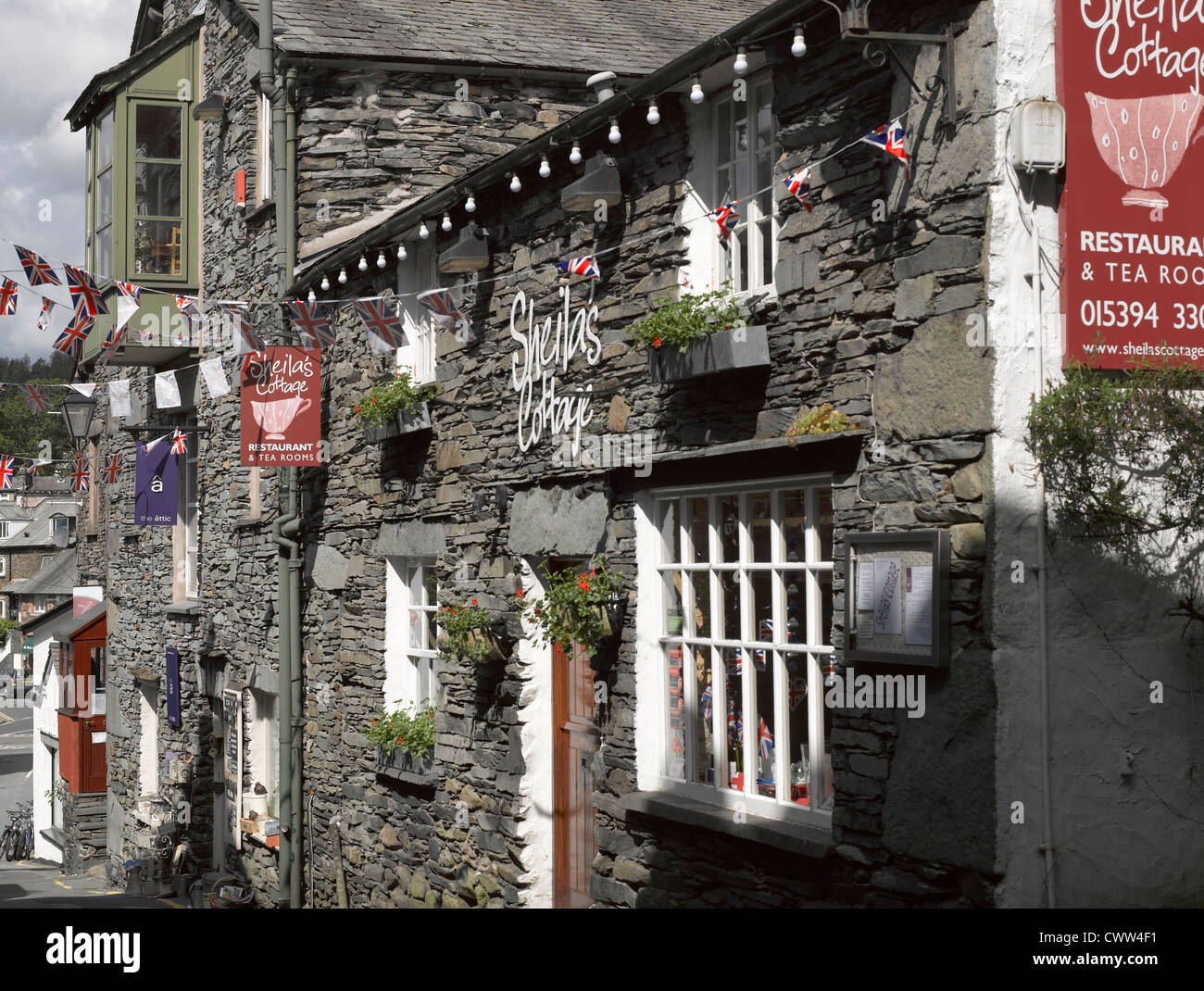 Restaurant and tea rooms cafe in the town centre in summer Ambleside Cumbria England UK United Kingdom GB Great Britain Stock Photo