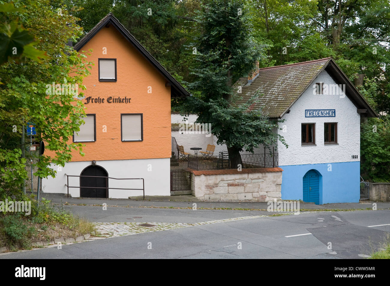 Two beer cellar houses on the Kellerberg in Höchstadt Aisch, Franconia, Bavaria, Germany. Stock Photo