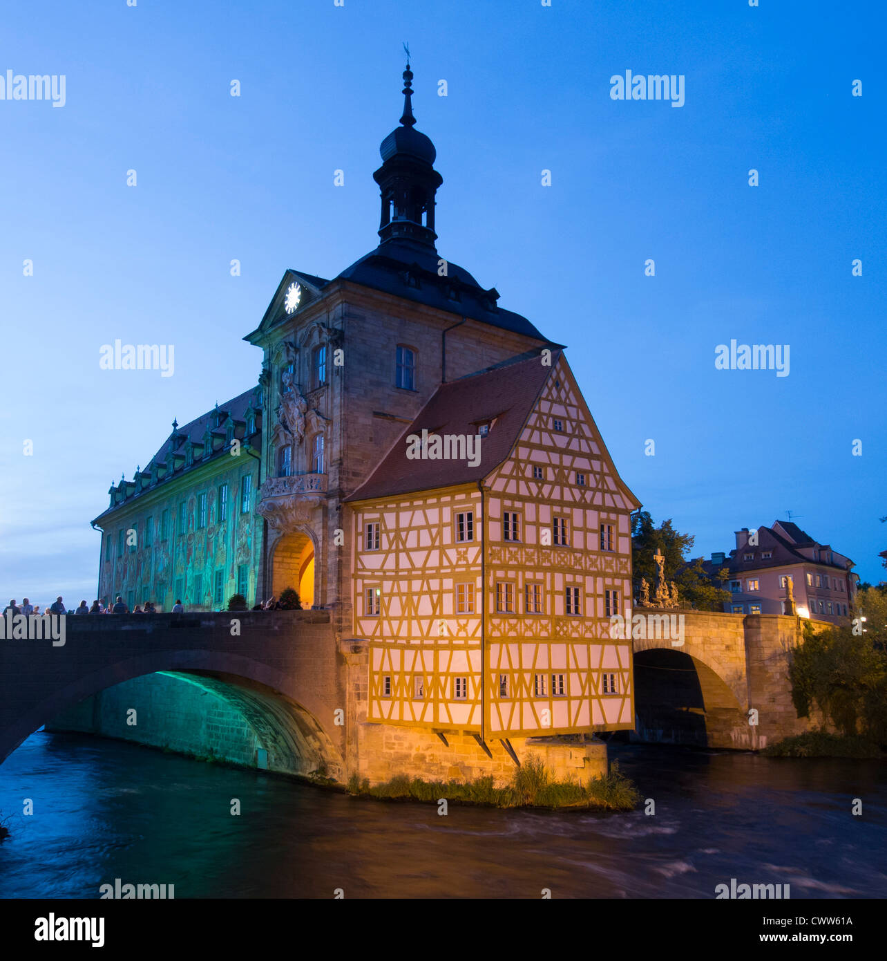 Old town hall or Altes Rathaus in the evening in Bamberg Bavaria Germany Stock Photo