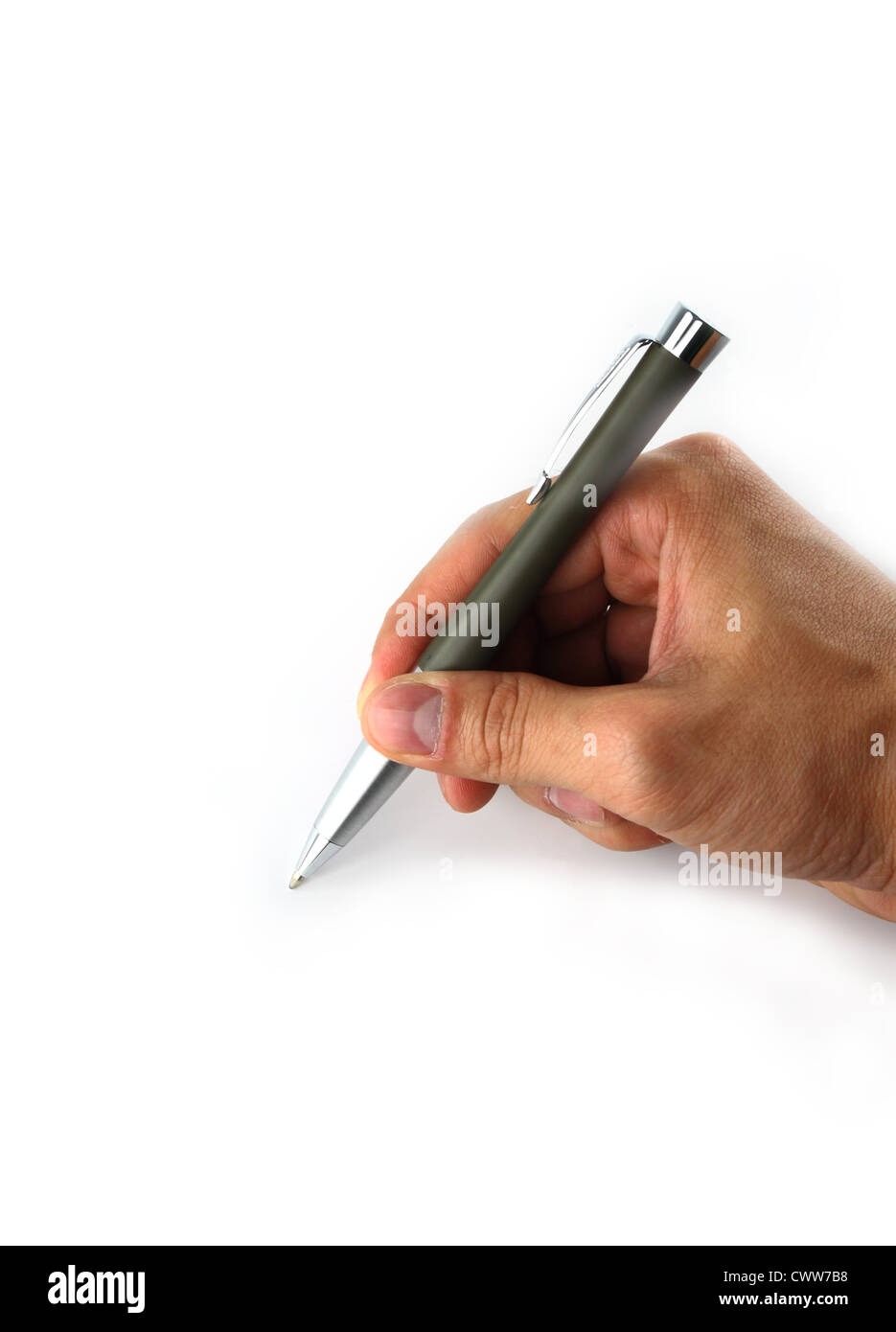 Hand hold a pen writing on the white background Stock Photo - Alamy